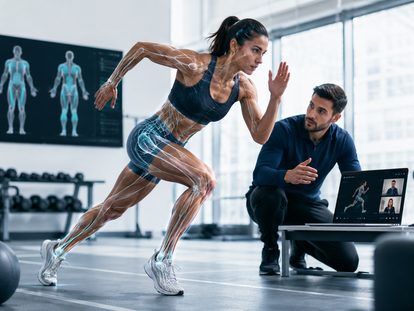 A trainer looks at a woman as she enters a running position. There is a blue overlay on her body showing her fascia system
