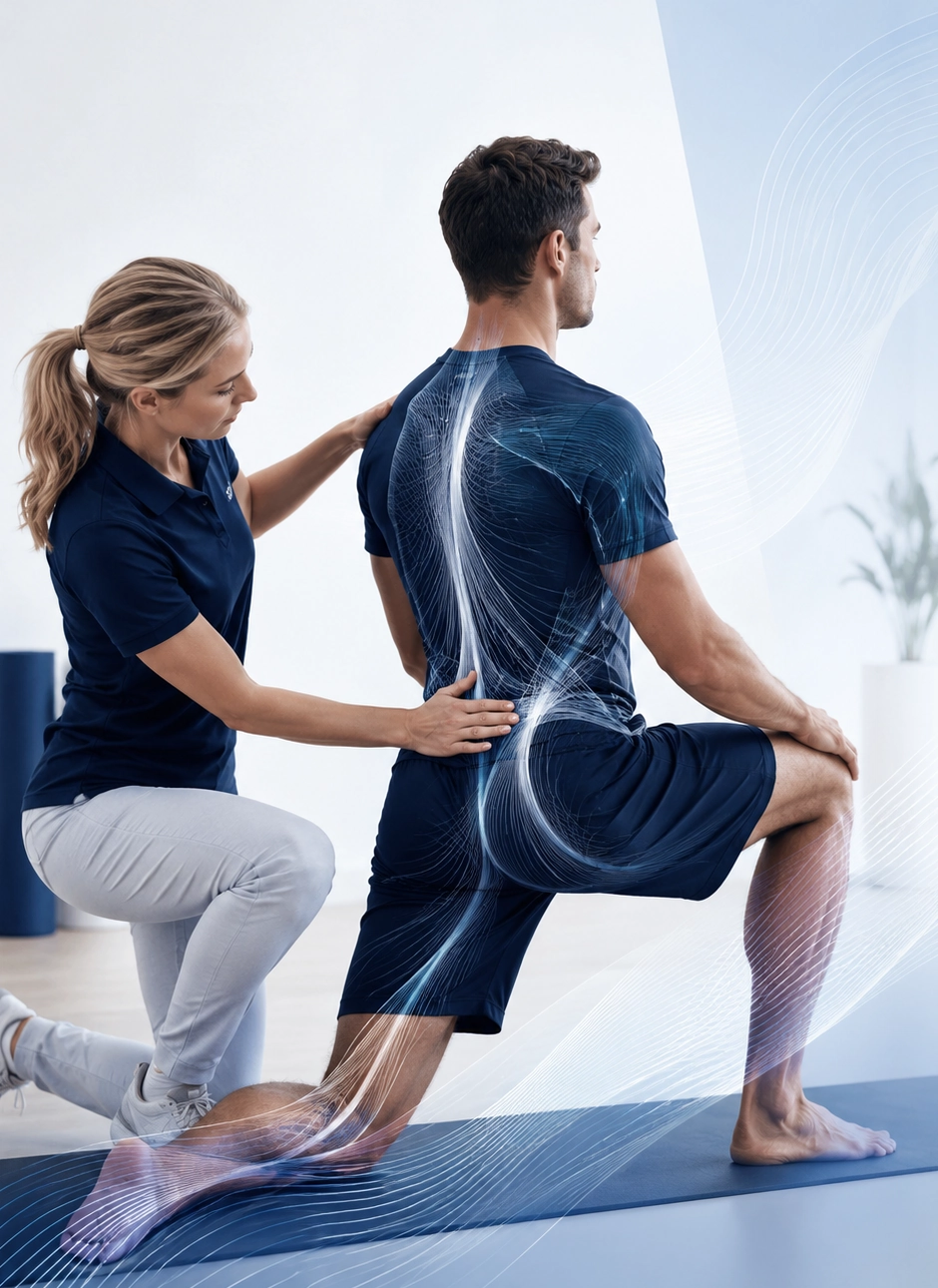 Trainer Assists Client with form paying attention to the fascia system